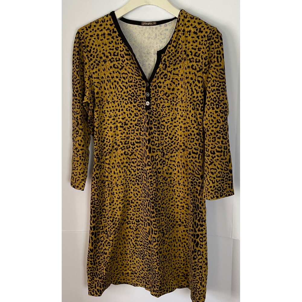 J.McLaughlin Leopard Print Shift Dress Womens M Yellow Black 3/4 Sleeve V-Neck